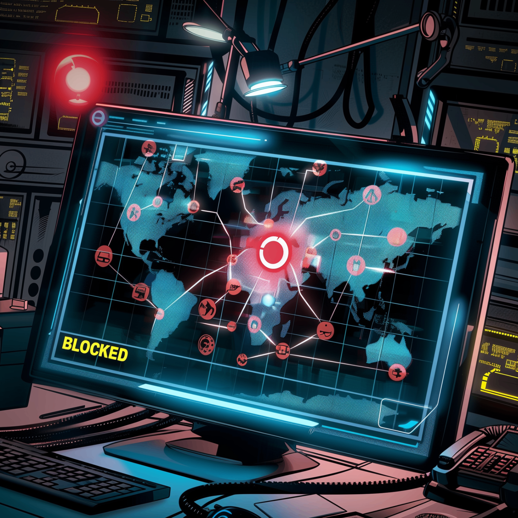 A cyber-noir network map showing blocked distribution paths.