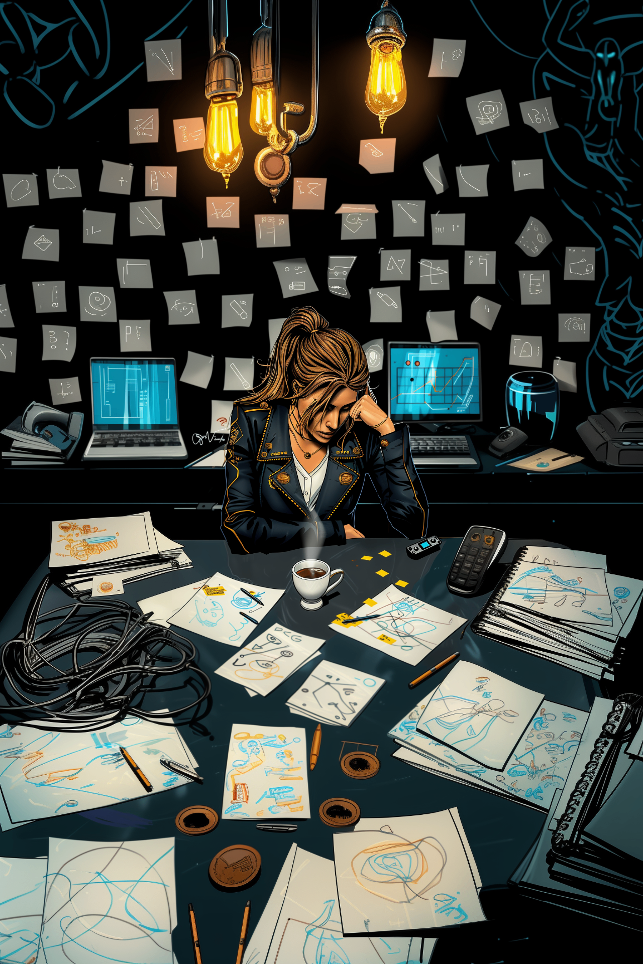 A cyber-noir investigation desk with screens and signal evidence.